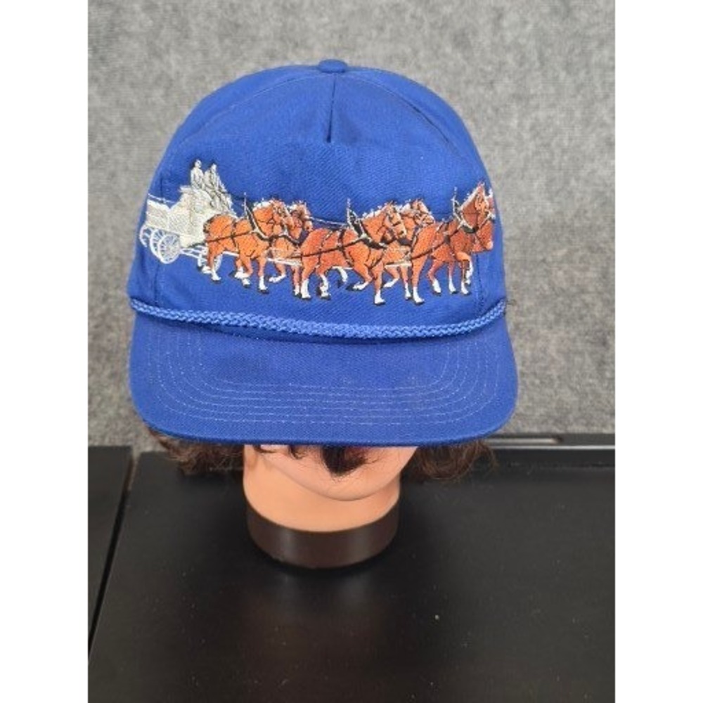 Vintage Horse Drawn Carriage Snapback Hat Blue Embroidered Rope Trucker Cap